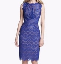 TADASHI SHOJI Blue Nude Chantilly Lace Scalloped Fringe Sheath Dress 16 NWT