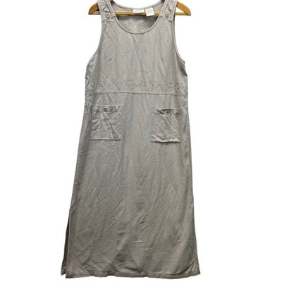 Erika Collection Linen Cotton Jumper Dress Womens M Taupe VTG Floral Embroidered