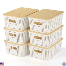 Stackable Plastic Storage Baskets with Bamboo Lids - 6 Pack for Organization