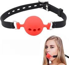 Leather Restraints Ball Mouth Plug Silicone Bondage Ball Gag Hollowed-Breathable
