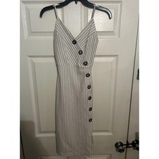 Striped Dress Buttons Detail V Neck Mini White Black Bodycon Sleeveless