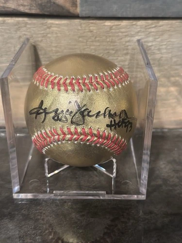 Reggie Jackson Autographed Gold Baseball. “HOF 93” Inscription