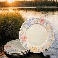 4 Lynns Fine China Julia  White & Floral Dinner Plates 10 1/2" W