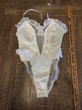 Vtg 80's Emil Bole Medium Bodysuit Teddy Lingerie White Ruffles Lace Trim Hi Cut
