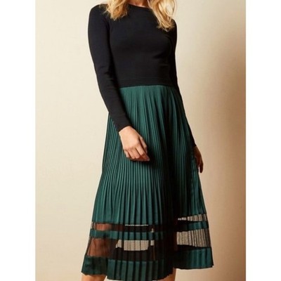 Ted Baker Scarlah Pleated Midi Dress Green Black Mesh Trim Size 3 (Medium)