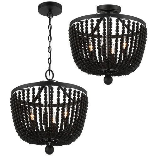 Rylee 4-Light Ceiling Light in Matte Black with Black Wood Beads Crystals - Picture 1 of 7