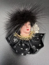 VTG Lady Face Brooch Pin Black Fur Feather Hat Faux Pearls Art Deco Statement