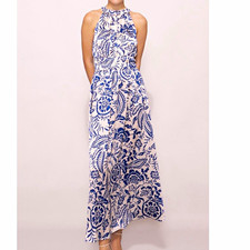 Melloday Blue White Floral Halter Maxi Dress Sleeveless Pockets Size S