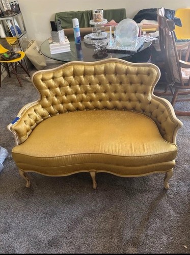 Victorian Baroque Tufted Damask Gold Sofa Wood Fabric White Frame 2-Seater