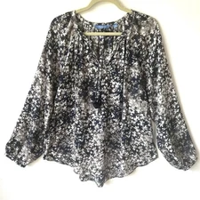 Simply Vera Wang Womens XL Tunic Top Floral Tassels Boho Navy White Gray EUC