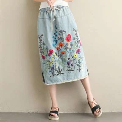 Damen Ethnisch Jeansrock Blumenmuster Stickerei Gummibund Kleid Split Midi Retro - Bild 1 von 4