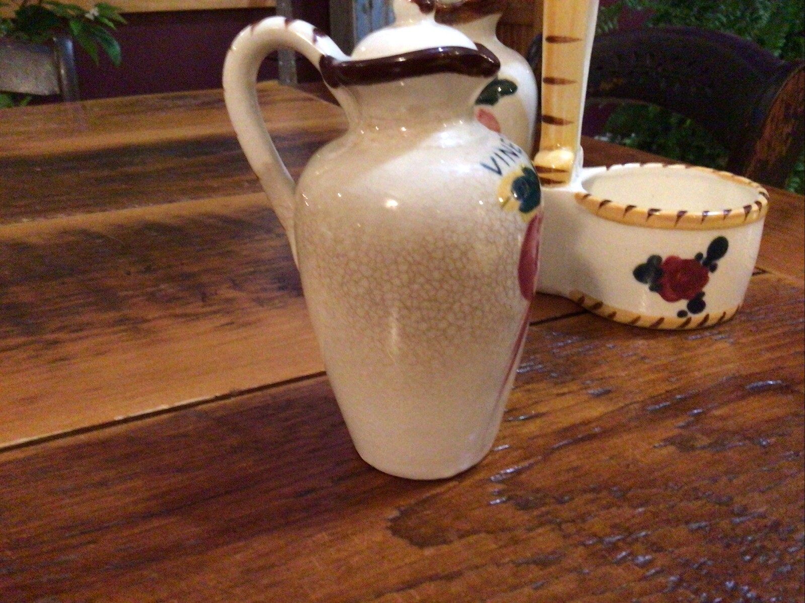 Vintage Hand Painted Nasco Japan Oil & Vinegar Cruet Set w/ Handled Caddy-Holder