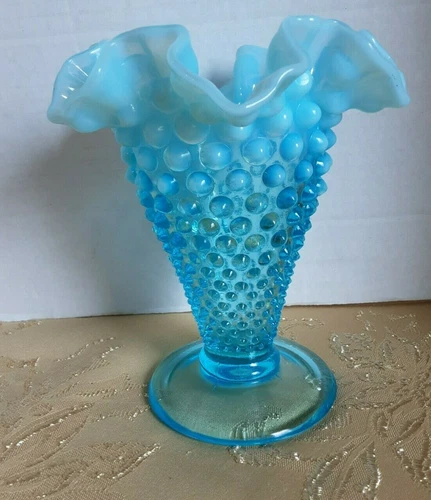 Fenton Hobnail Blue Opalescent Vase, Ruffled Top 6" Tall 4" Diameter