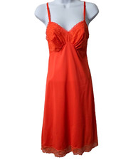 Vintage Vanity Fair Slip Dress S 34 Night Gown Nylon Lace Orange Sheer USA 60s