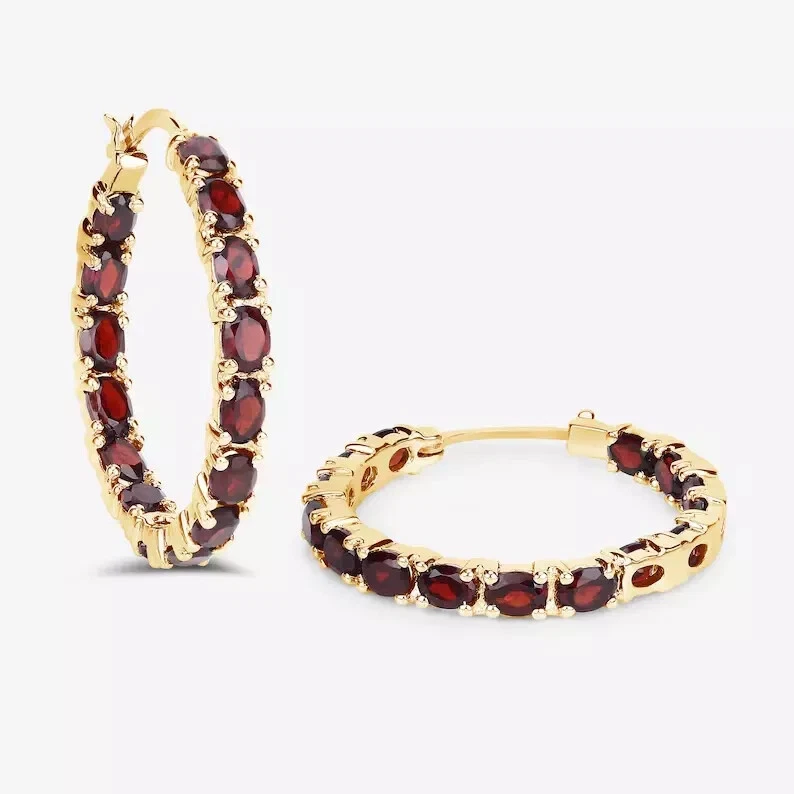 Red Garnet Oval Inside-Outside Diamondcz Hoop Earrings 14K Yellow Gold Plated - Image 3 of 4