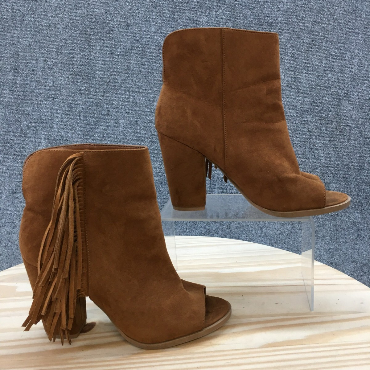 DV Dolce Vita Boots Womens Fringe Booties Brown Leather Peep Toe