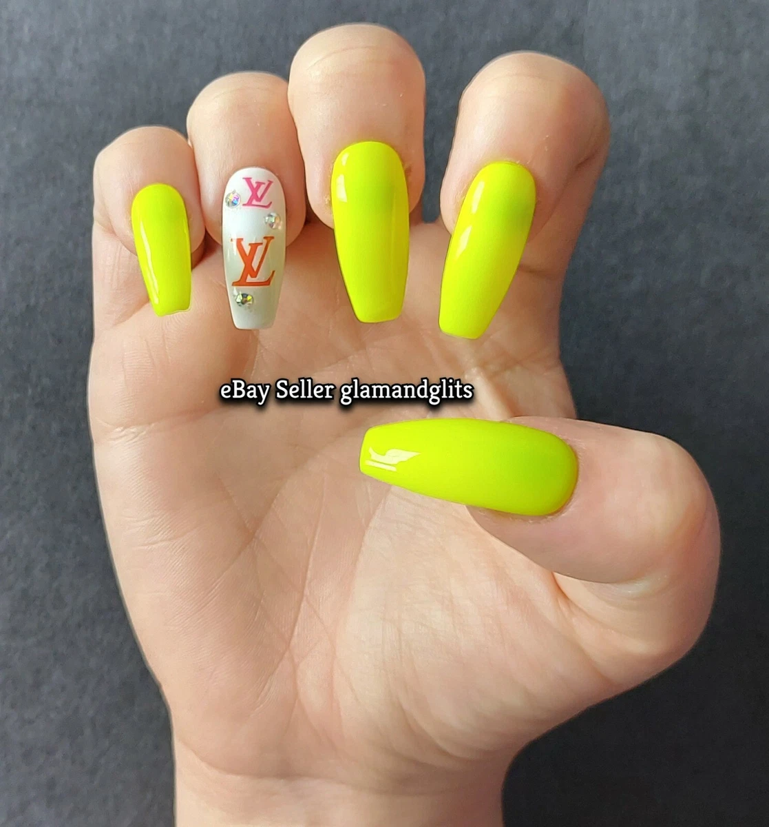 24 Fluorescent Neon Yellow Big Logo Press On False Nails Coffin Stiletto  Square