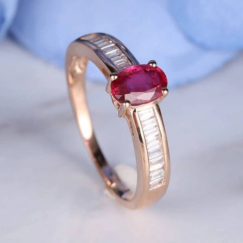 Stunning 3 Ct Oval Cut Simulated Pink Ruby Wedding Ring In 14k Rose Gold Plated - Picture 4 of 5
