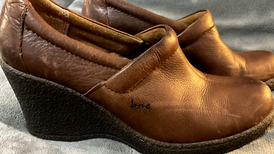 BOC BORN Brown Leather Wedge Heel Slip-On Womens Sz US 7/ 38  C08923