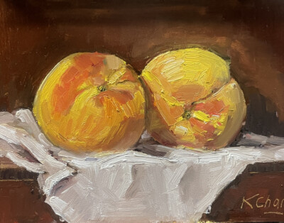Original Still Life Oil Painting - Two Peaches By Artist Karen Chan