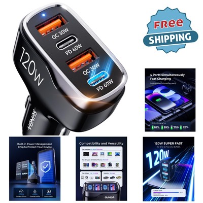 120W Fast Car Charger Adapter Dual USB-C 4-Port High Speed for Travel Use