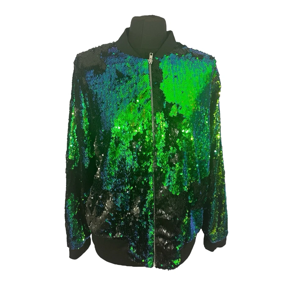 Chaqueta Haoduoyi Verde Azul Negro Lentejuelas Cremallera Chaqueta, Mujer’s L Foto 2 de 4