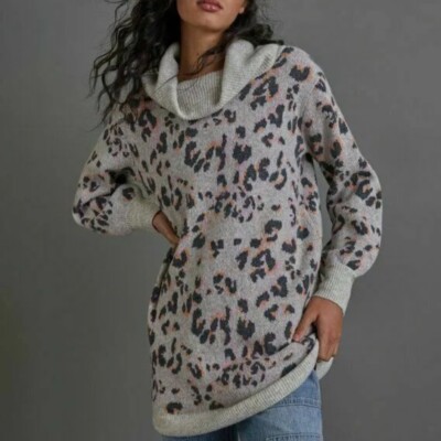 Anthropologie Emma Grey Cowl Neck Leopard Animal Tunic Sweater Xs $168