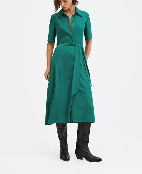 green shirt dress with belt Women's Green Silk Contrast Binding Maxi Shirt Dress + Belt