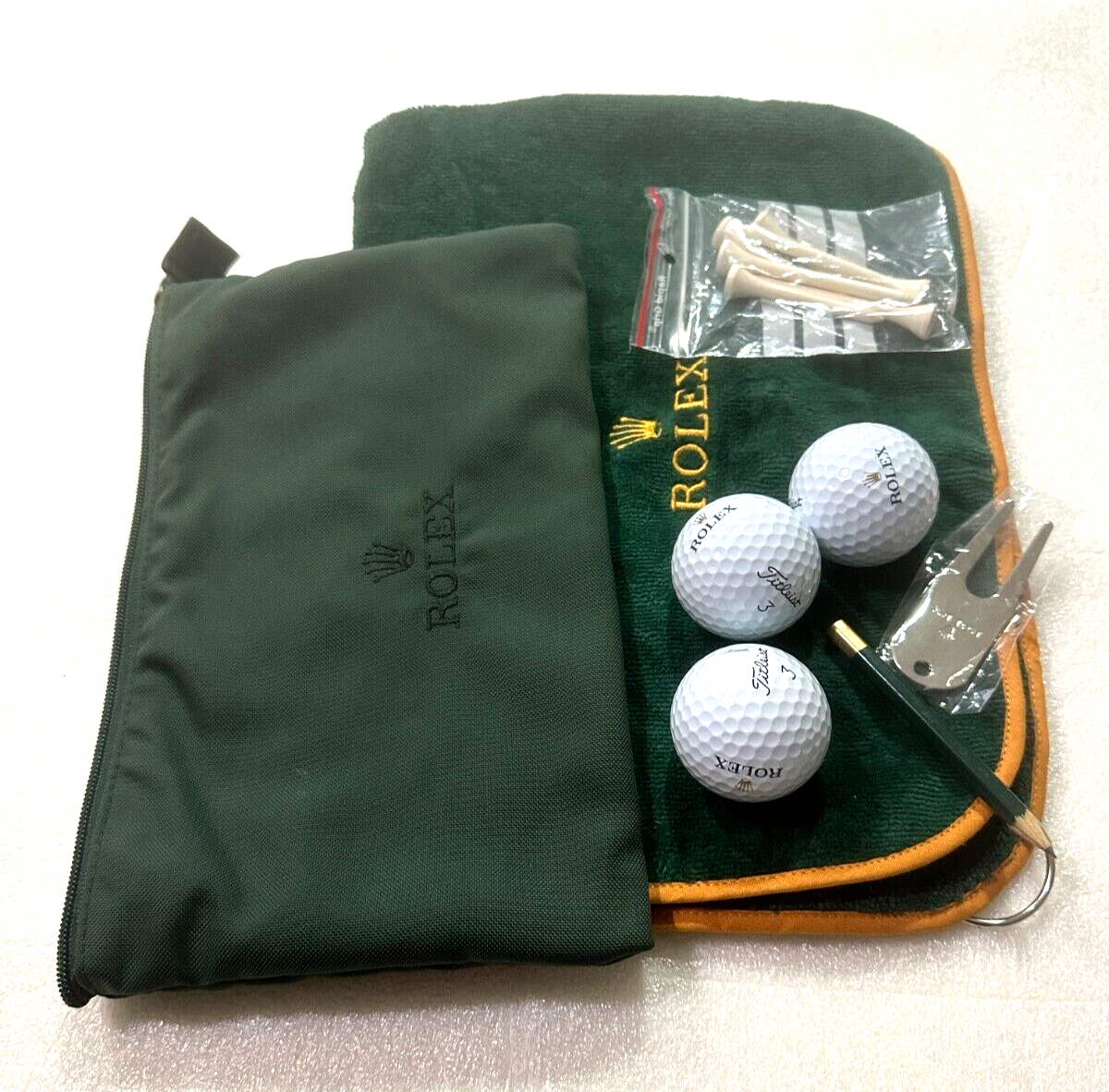 Rolex Goft Set/Kit- Balls, Towel, Tees, Divot,Pencil Pouch | eBay