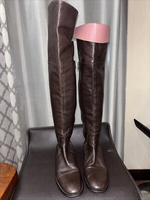 DOMINICI Womens Ridding Brown Leather Boots Soft Shell Full Zip Pink Linen SZ 37