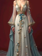 V Neck Evening Dress Blooms Off the Shoulder A Line Prom Gown Chic Golden Lace