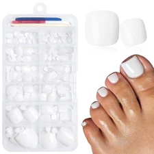 Short square press on toenails with adhesive tabs, white acrylic false nails