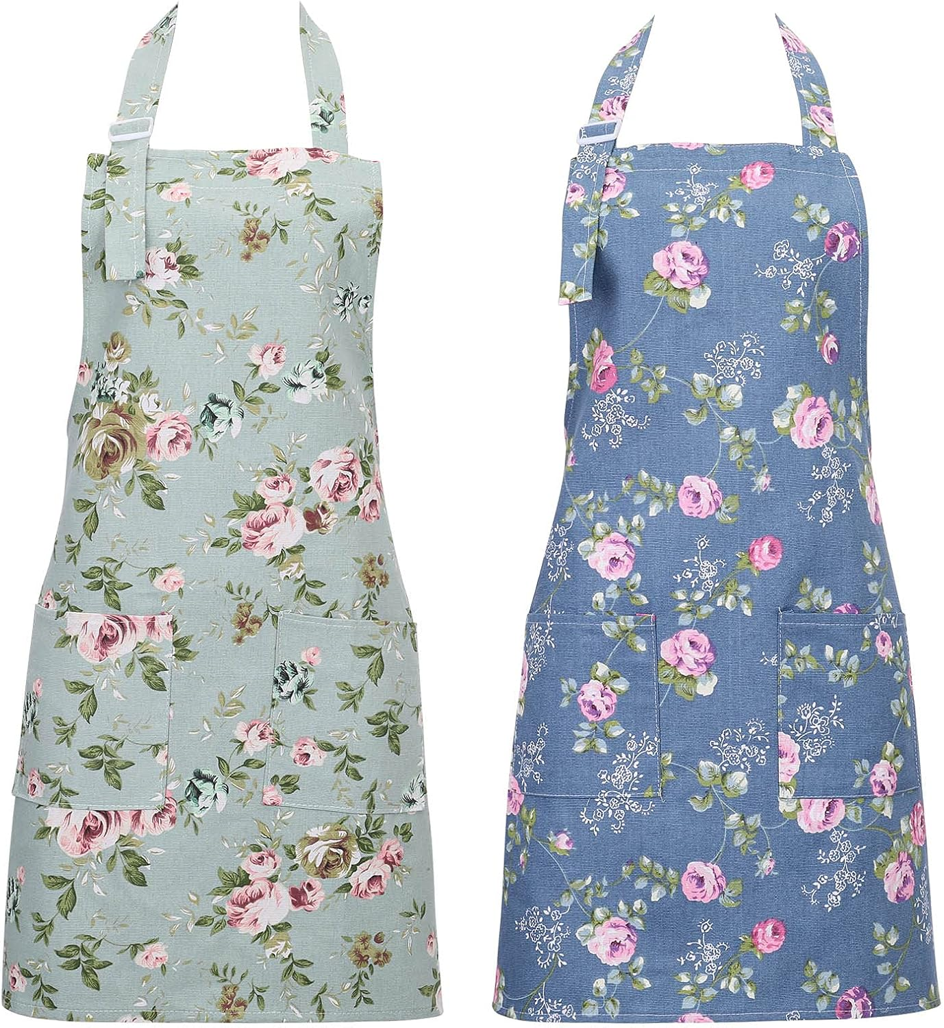 2 Pack Kitchen Aprons for Women, Adjustable Floral Aprons Chef Bakers Apron Cook