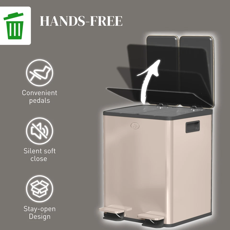 HOMCOM 2 x 20L Dual Kitchen Bin Pedal Bin for Recycling and Waste, Gold Tone - Image 4 of 4