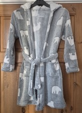 Primark Girls Hooded Fleece Polar Bear Robe Grey/White Tie Belt 8-9Y