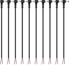 DC Power Pigtail Cable, 10-Pack 5.5mm x 2.5mm 90 Degree Right Angle Black 