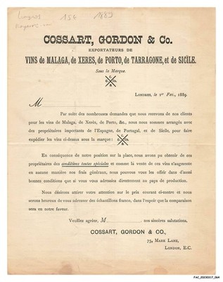 FAC BFP1 0039 FACTURE - Cossart - Gordon Und Co - Exportateurs Von Weine -