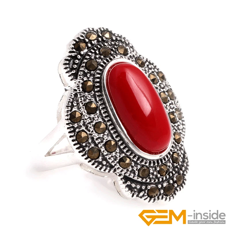 Anillo de plata tibetana con piedras preciosas de ágata huevo ovalado natural marcasita mujer joyería regalo Foto 3 de 4