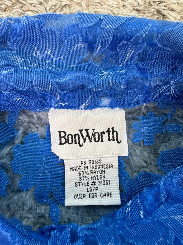 BonWorth Top Womens Large Petite Royal Blue Floral Sheer Nylon Button Up Blouse - Image 3 of 4