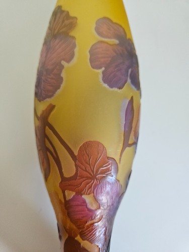 GALLE Reproduction Cameo Art Glass Vase Flowers Purple Yellow Orange Signed 9.5” - Picture 11 of 11