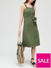 V by Very - Linen Blend - Button Through - Belted - Pinafore Dress - Khaki Green