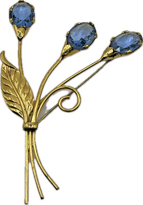 Coro Sterling 1940's Stunning Open Back Blue Glass Flower Brooch Gold Vermeil