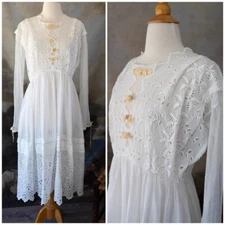 Antique Late 1910s Lace Dress Edwardian White Tea Dress Eyelet One of a Kind 