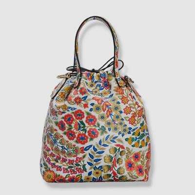 $1280 ETRO Women's White Sac Flower Print Drawstring Leather Bucket Purse Bag