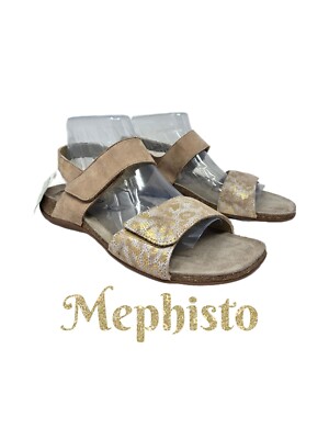 Mephisto Womens Sandels Sz 41=11 Distressed Gold Metallic Animal Print Adjust.