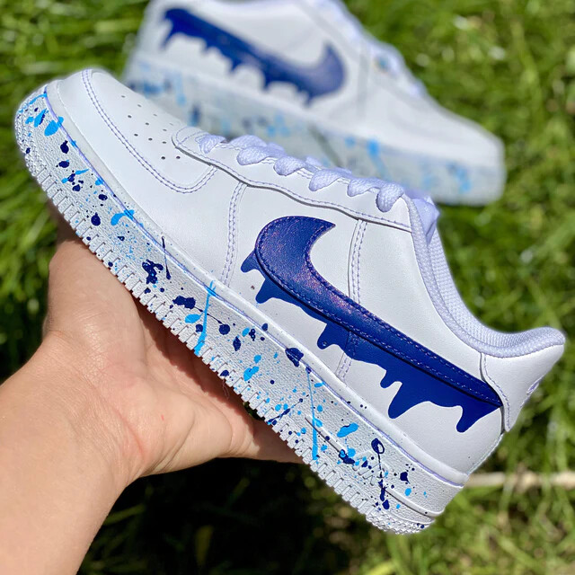 Nike Air Force 1 Custom Light & Dark Blue Splatter Art White Shoes