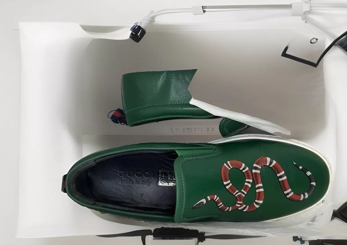 Gucci Green Leather Dublin Snake Print Slip On Sneakers Size 11 Gucci Green Leather Dublin Snake Print Slip On Sneakers Size  main image 2
