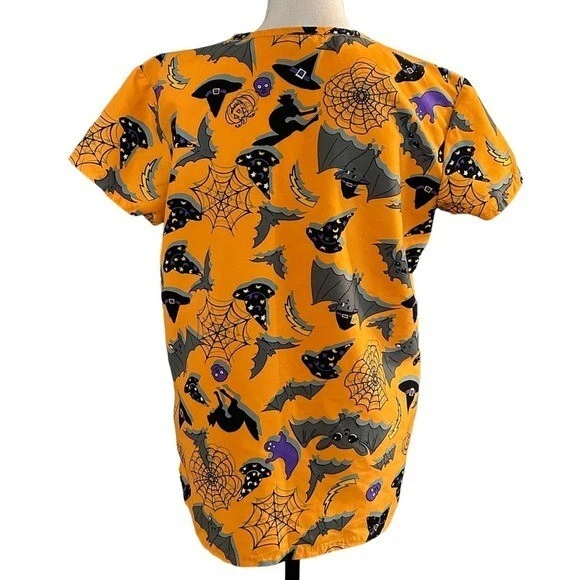 Green Town Halloween Medical Nursing Foil Scrub Uniform Top  Women’s SZ XS - Image 4 of 4