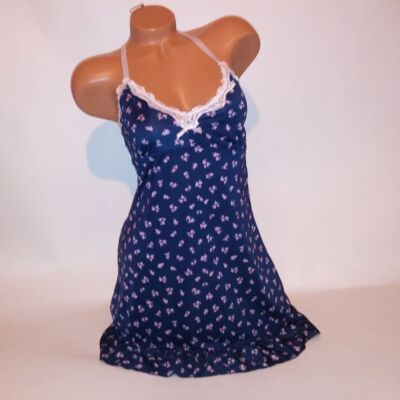 Laura Ashley Lingerie Chemise Slip Gown Medium Blue Pink Floral Lace Trim Wirele