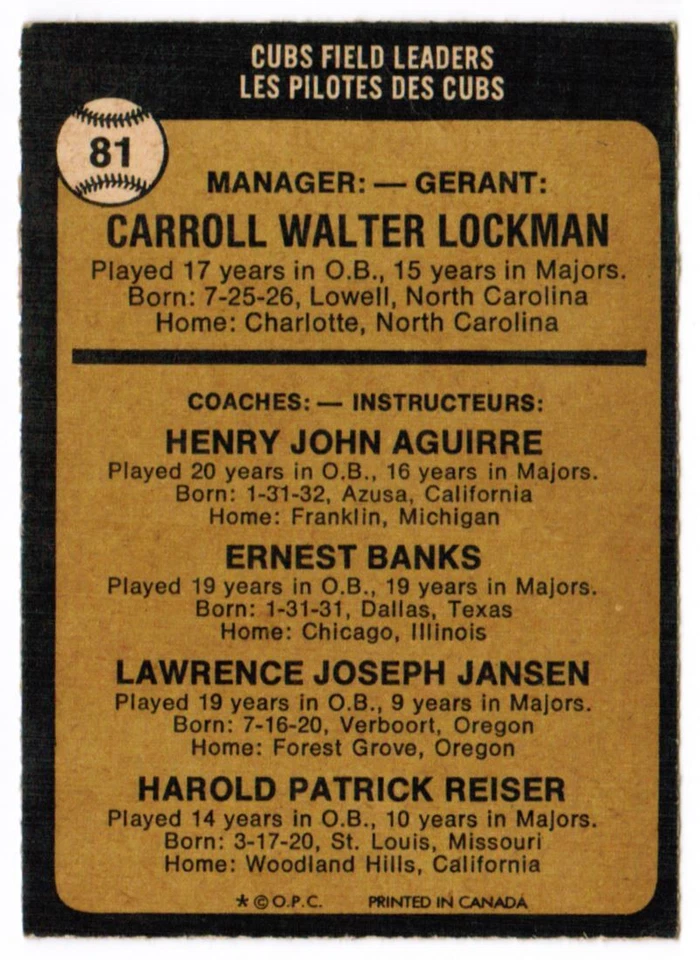 1973 O-Pee-Chee Whitey Lockman/Hank Aguirre/Ernie Banks/Larry Jansen/Pete Reiser - Image 2 of 2